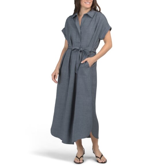 MAX STUDIO Heather Blue Short Sleeve Shirt Midi Dress - Picture 1 of 2